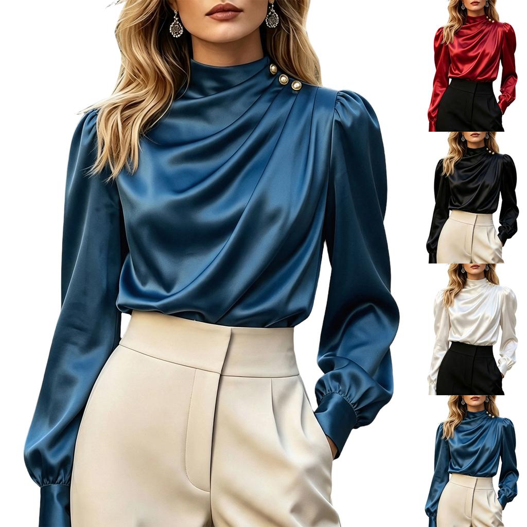 Damen Satin-Bluse mit Puffärmeln und Stehkragen, Langärmeliger Pullover-Top mit Perlen