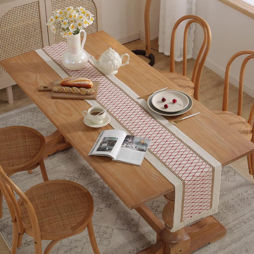 Bohemian Rustic Wedding Decor Cotton Linen Table Runner with Tassels