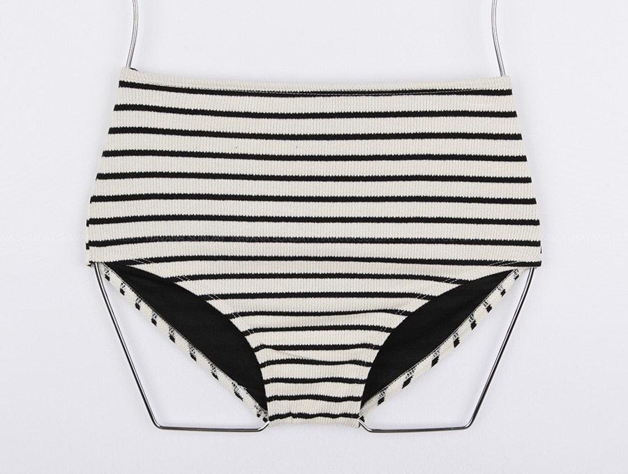 2023 Black & White Striped High Waist Backless Korean Bikini Two-Piece Swimsuit for Women