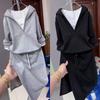 Women's Loose Fit Skirt Suit Long Sleeve Hoodie Tank Top Mid Rise Midi Skirt Solid Color Three Piece Casual Matching Set