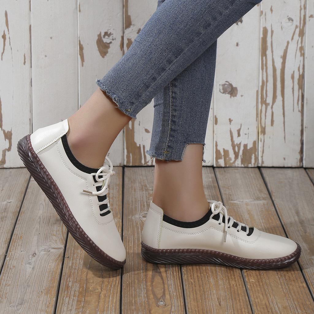 Sapatos Casuais Femininos de Cadarço Tamanho Grande Sapatos Brancos Pequenos Confortáveis Solado Macio Couro Macio Sapatos Estilo Feijão
