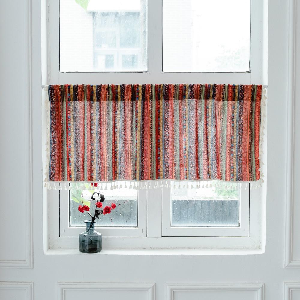 American Cotton And Linen Printed Curtains Finished Non-Punching Rural Kitchen Hanging Curtains Colored Fringed Coffee Short Curtains