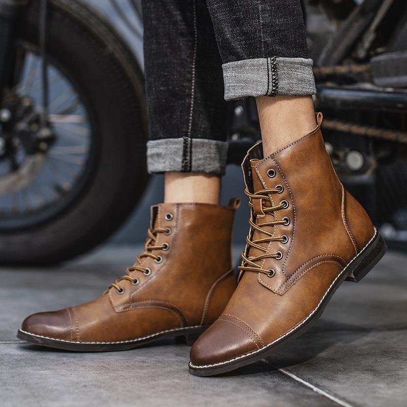 Classic Vintage Western Cowboy Boots Men Fashion Brown Leather Mens Boots Comfortable Pointed Knight Shoes Male Motorcycle Boots