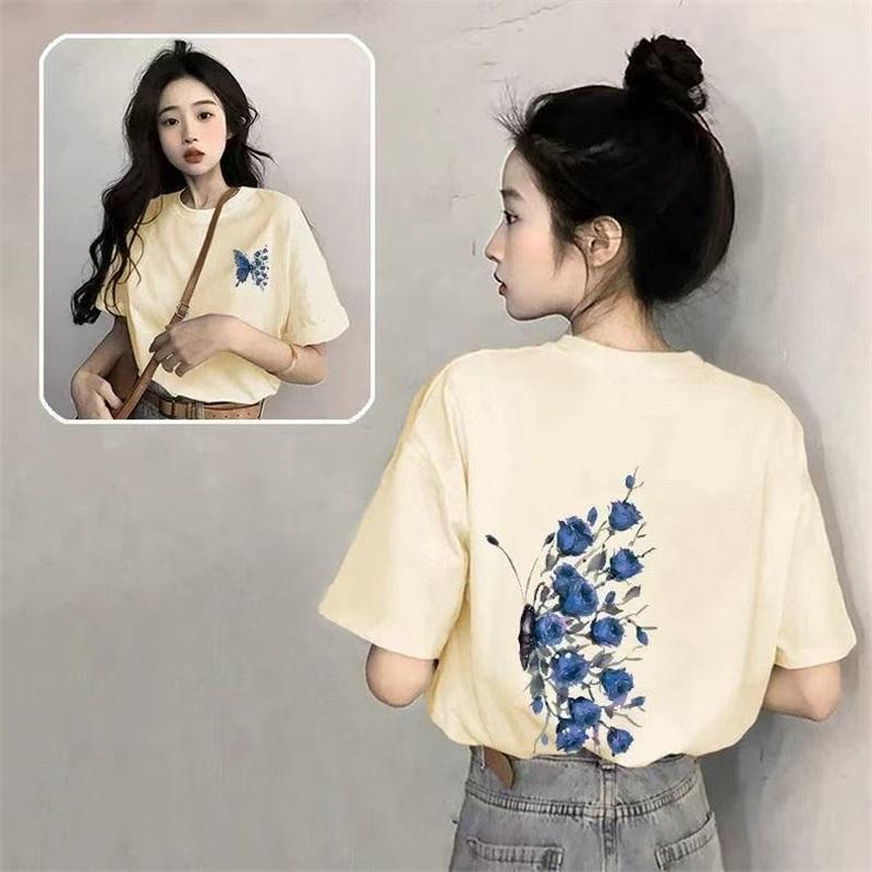 

Women Rose Print T-Shirt Casual Short Sleeve Tee L абрикосовый