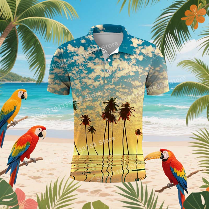 Maglietta Polo da Spiaggia Hawaiana con Palme per Uomo Estate Stampa 3D Foglie Manica Corta Polo da Golf Casual Street T-shirt Top