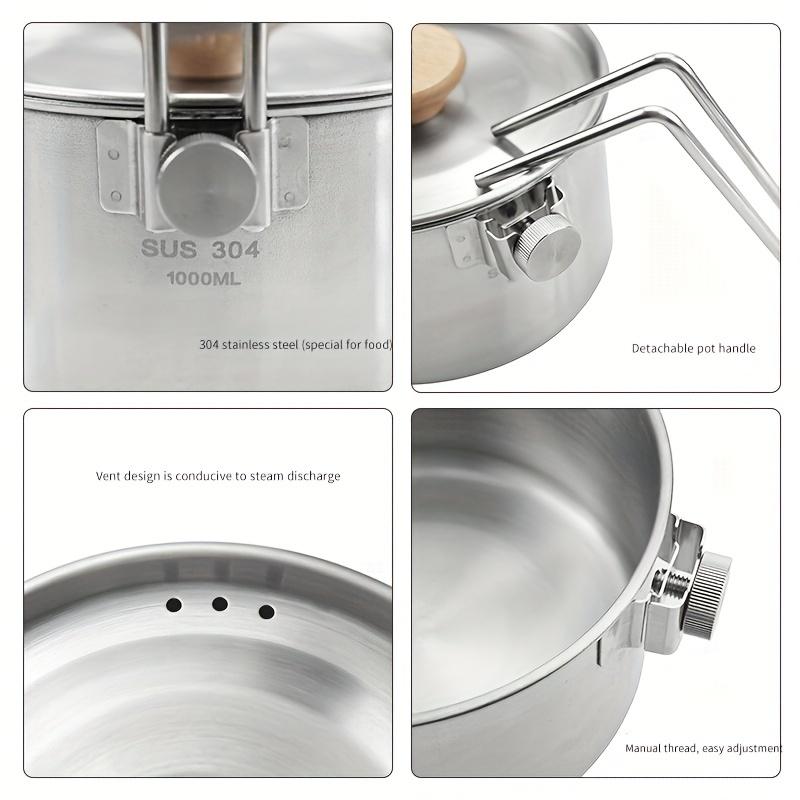 1L Camping Pot Cookware 304 Stainless Steel Outdoor Camping Kettle Backpacking Picnic Cooking Bento Box with Foldable Handle