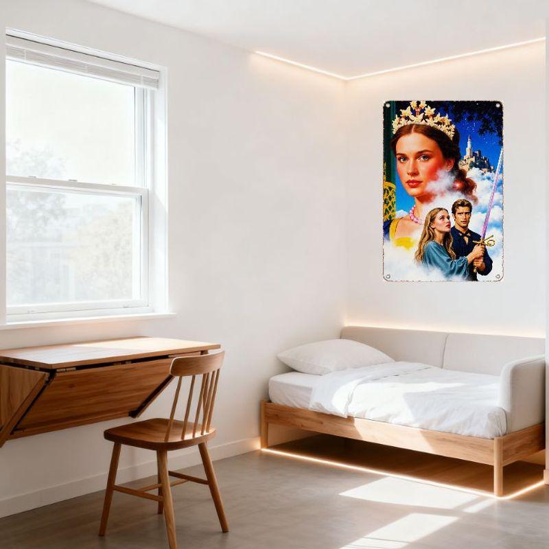 Fairy - Tale Castle Starry Sky Metal Tin Sign, Royal Crown Woman & Figures Adventure Storybook Art Plaque for Home Cafe Bar Wall