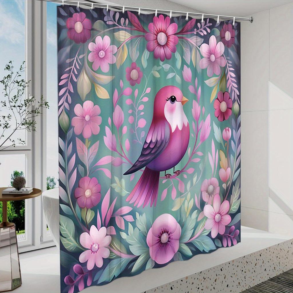 Vibrant Pink Bird & Floral Shower Curtain - Nature-Inspired Art, Polyester, 12 Hooks, 70.8x70.8 Inches, Modern Bathroom Decor