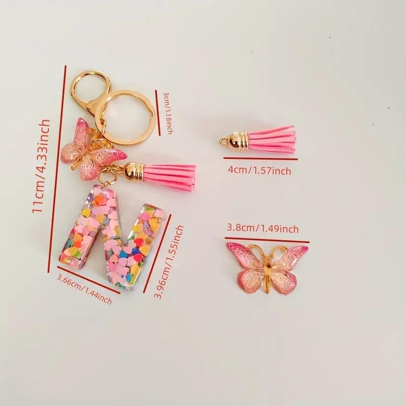 Fashion A-Z Letters Acrylic Keychain for Women Pink Butterfly Tassel Alphabet Car Key Ring Bag Charms Accessories Gift Jewelry
