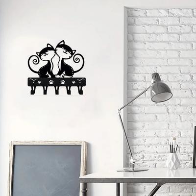 Suport pentru chei pentru pisici gemene, 1 bucată, montat pe perete, accesorii de decorare în formă de lucrare de artă, artă de perete din metal pentru iubitorii de pisici