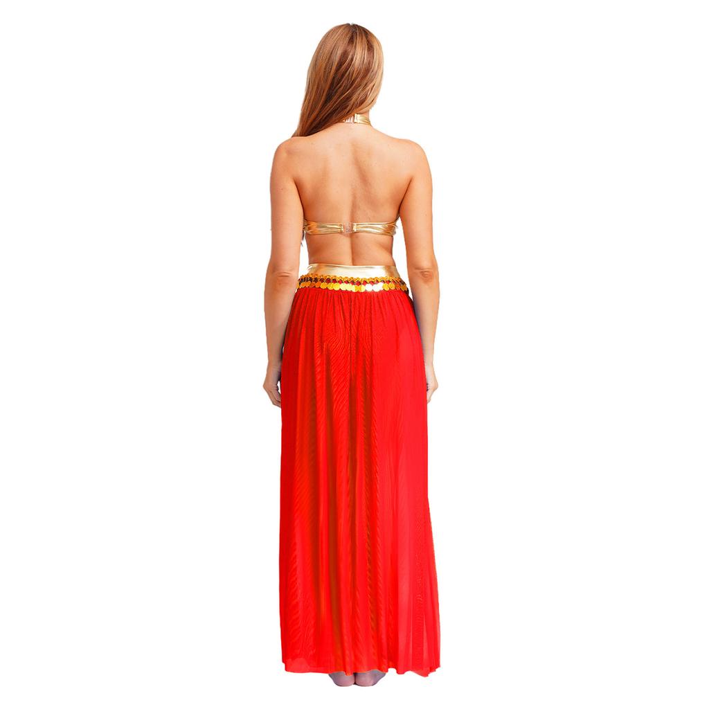 Women's Sequin Tassel Belly Dance Set - Halter Backless Crop Top & Split Mesh Skirt for Halloween