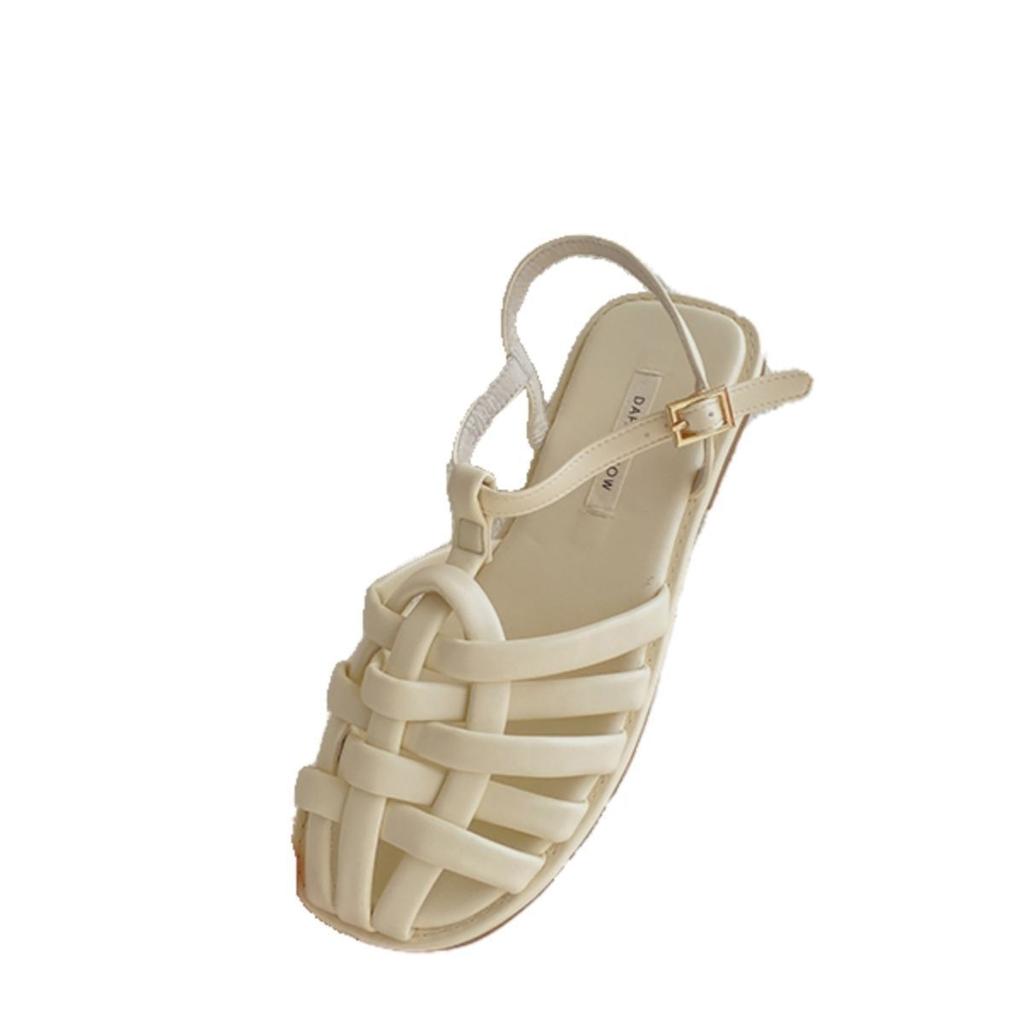 Fransk veskehode hule sandaler dame 2025 ny sommer vevd flate nisje retro strand romerske sko