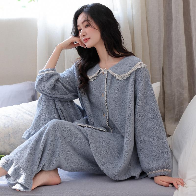 Coral Fleece Pajamas Women'S Autumn And Winter Fleece Thickened Flannel Furry Warm Loungewear Set