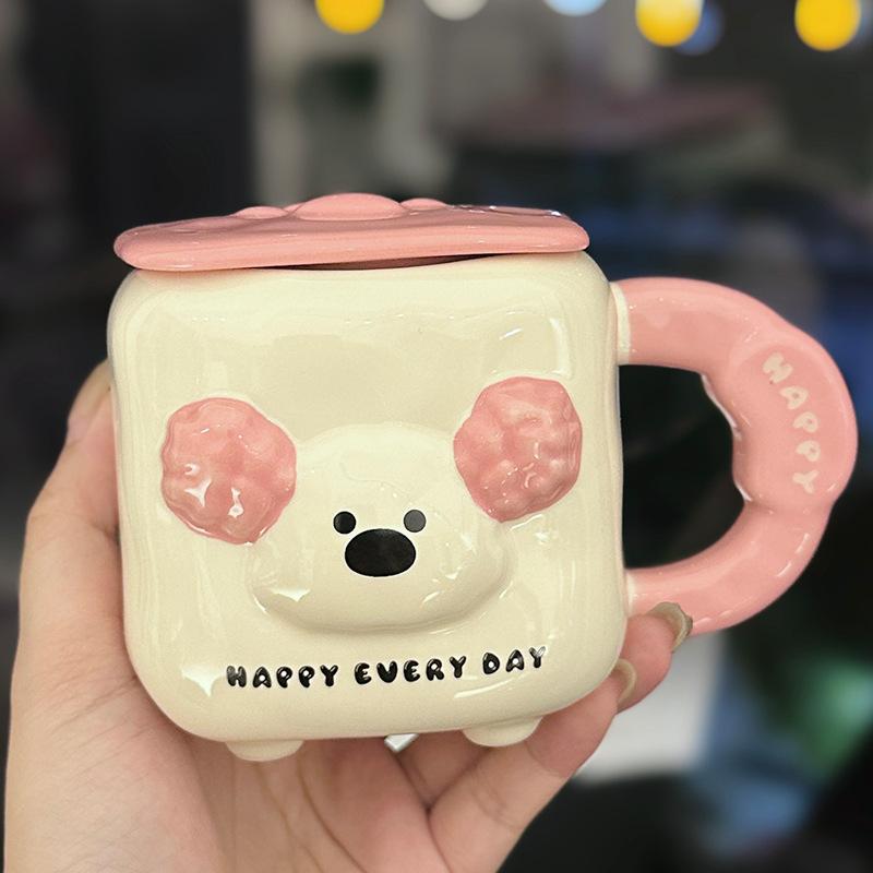 Cute Puppy Mug With Lid Pink Cute Ceramic Water Cup Girly Heart Office Coffee Mug Souvenir about 350ml