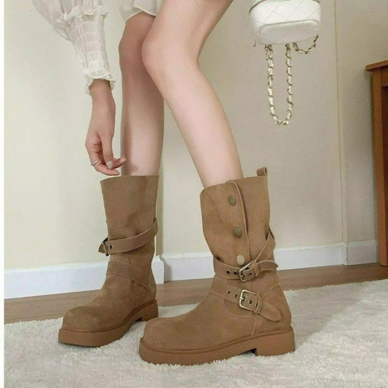 

Retro western cowboy boots wasteland wind gray straight tube thick sole thick heel medium tube premium black gray Martin boots women s new models 40 хаки