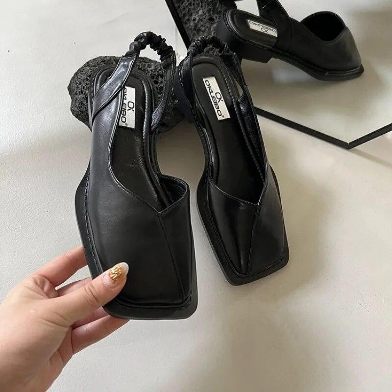 Womens Summer Elegant Sandals Elastic Band Flat Heel Shallow Party Shoes Square Heel Square Toe Ladies