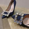 Spring and summer rhinestone square buckle high heels women's thin heels pointed niche temperament wedding shoes design sense single shoes