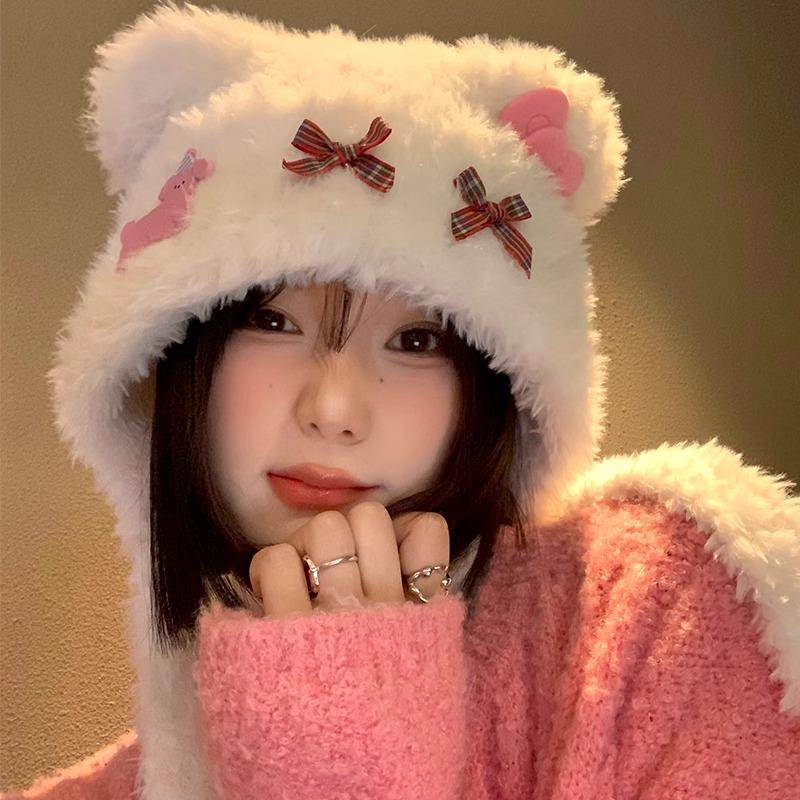 Căciulă caldă de pluș cu urechi de ursuleț și pisică, cu fundă, pentru femei – Protecție pentru urechi de toamnă/iarnă cu design cu față deschisă