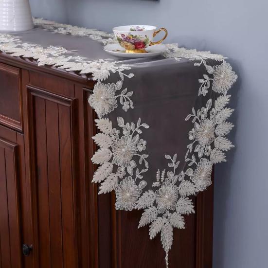 Lace Table Runner with Tassels, Anti-Wrinkle Vintage Table Runner, Decorative Runner with Beaded Flower & Leaf Embroidery for Dining Coffee Table