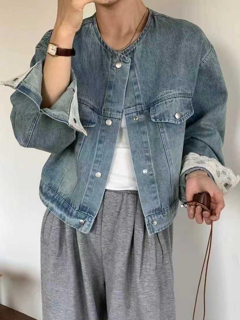 

Женская весенняя джинсовая куртка 2025 года с корейским кружевом Extra Large джинсовый синий