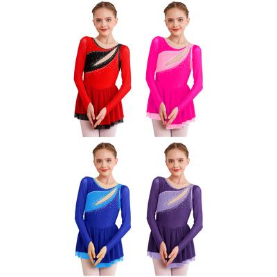 Girls Sparkly Figure Skating Dress Color Block Patchwork Design Sheer Mesh Long Sleeve Keyhole Back Rhinestone Dress