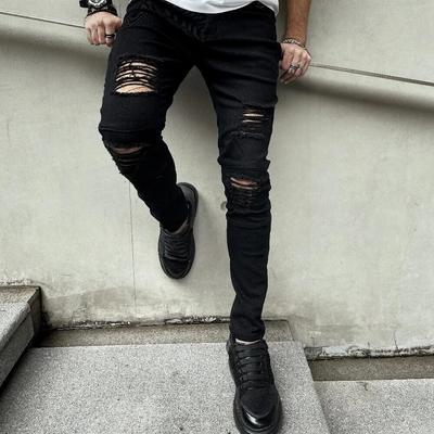 Men High Street Hip Hop Style Ripped Skinny Pencil Jeans Men Stylish Slim Holes Casual Denim Pants