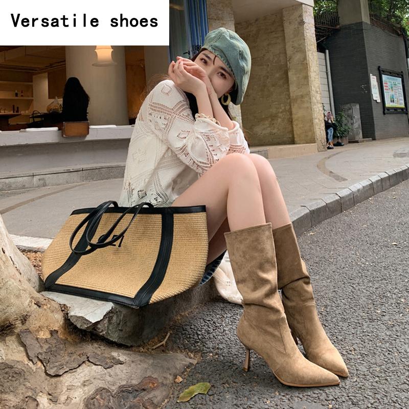 Cizme de damă cu toc înalt, stil western cowgirl, pantofi de modă cu vârf ascuțit, botine de toamnă-iarnă pentru damă, cizme cavaler până la jumătatea gambei