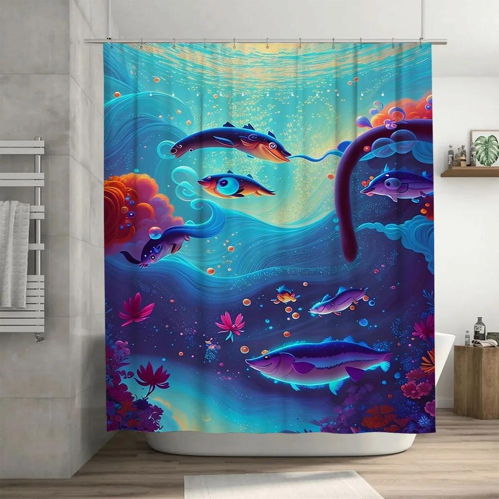 Colorful Fish Design Bathroom Shower Curtain Waterproof Fabric Decorative Home Decoration
