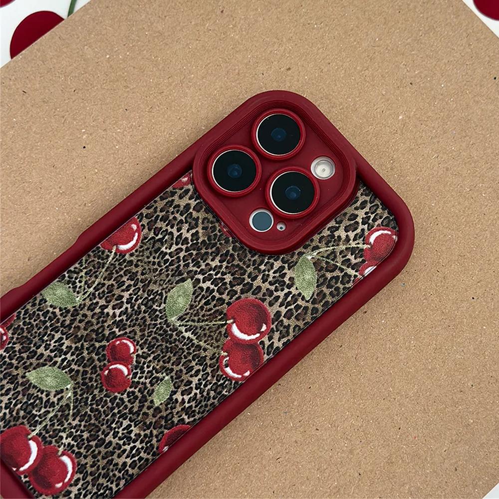 For iPhone 16 Pro Case Cherry Leopard Pattern Shockproof TPU Phone Cover