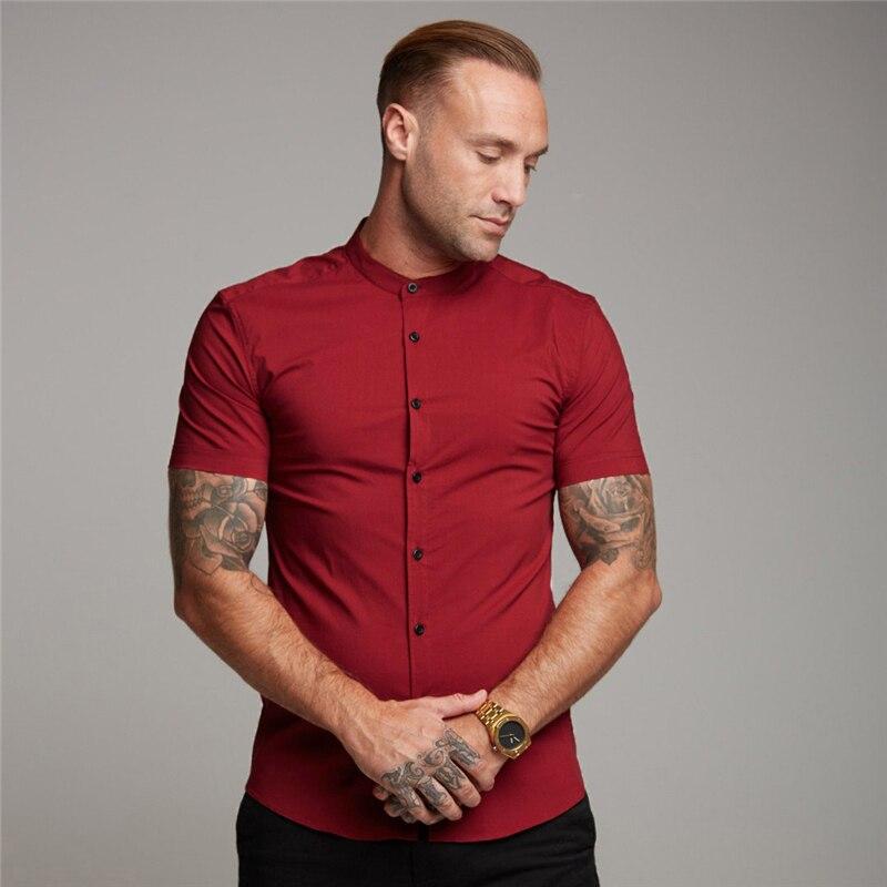 

Muscleguys модная мужская рубашка с короткими рукавами, летняя повседневная рубашка с воротником-стойкой, простой дизайн и стиль ретро M красный