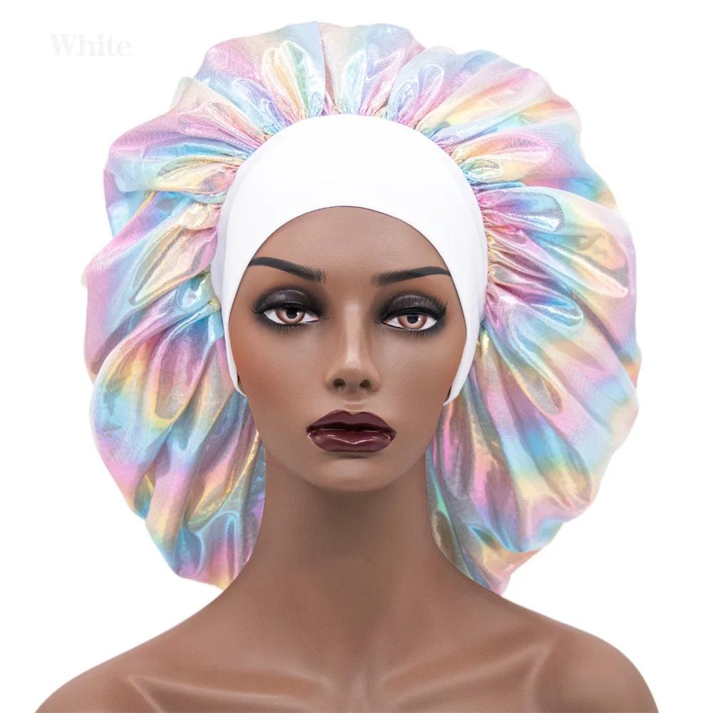 Women Large Sleeping Cap Laser Color Satin Elastic Bonnet Silky Bonnets Muslim Hijabs Lady Shower Cap Beauty Hair Care Cap