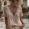 Women T-shirt V-Neck Short Sleeve 3D Imitation Jacquard Flower Decor Pullover Tops Loose Fit Summer Blouse Daily Wear