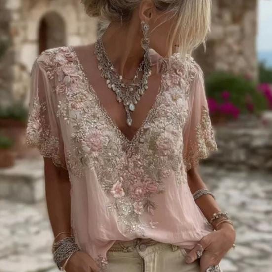 Women T-shirt V-Neck Short Sleeve 3D Imitation Jacquard Flower Decor Pullover Tops Loose Fit Summer Blouse Daily Wear