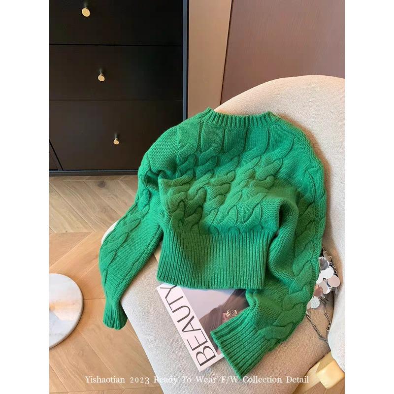 Thickened! Green twist crew neck sweater women's autumn and winter new lazy outside loose knitted top