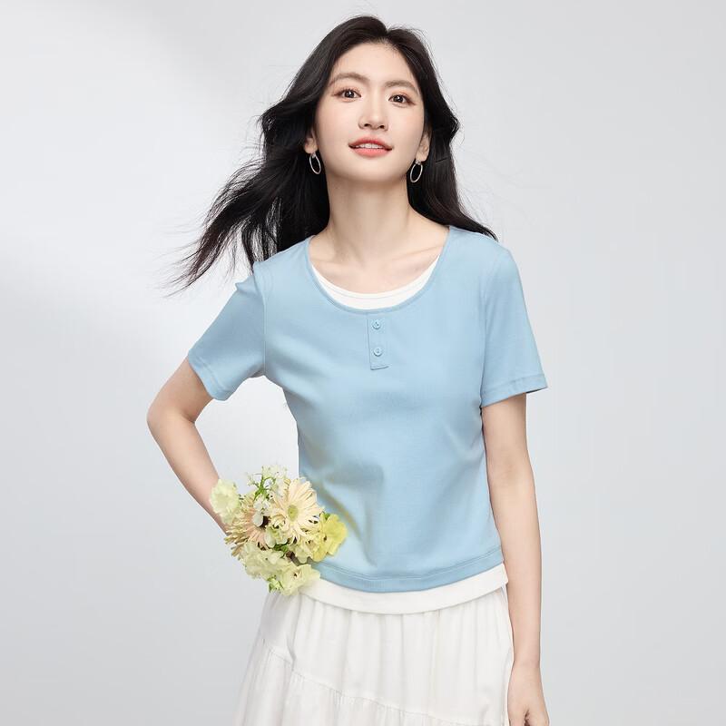 SLLSKY Women s Colorblock Faux Two-Piece Short Sleeve T-Shirt L