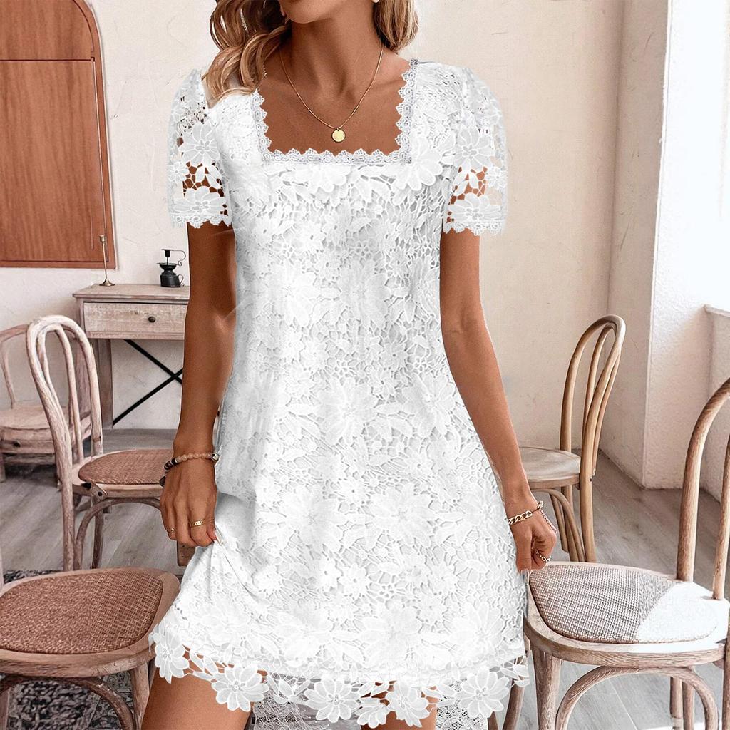 Women Square Neck Lace Mini Dress Floral Hollow Out Short Sleeve Loose Fit Elegant Dress for Summer Spring Autumn