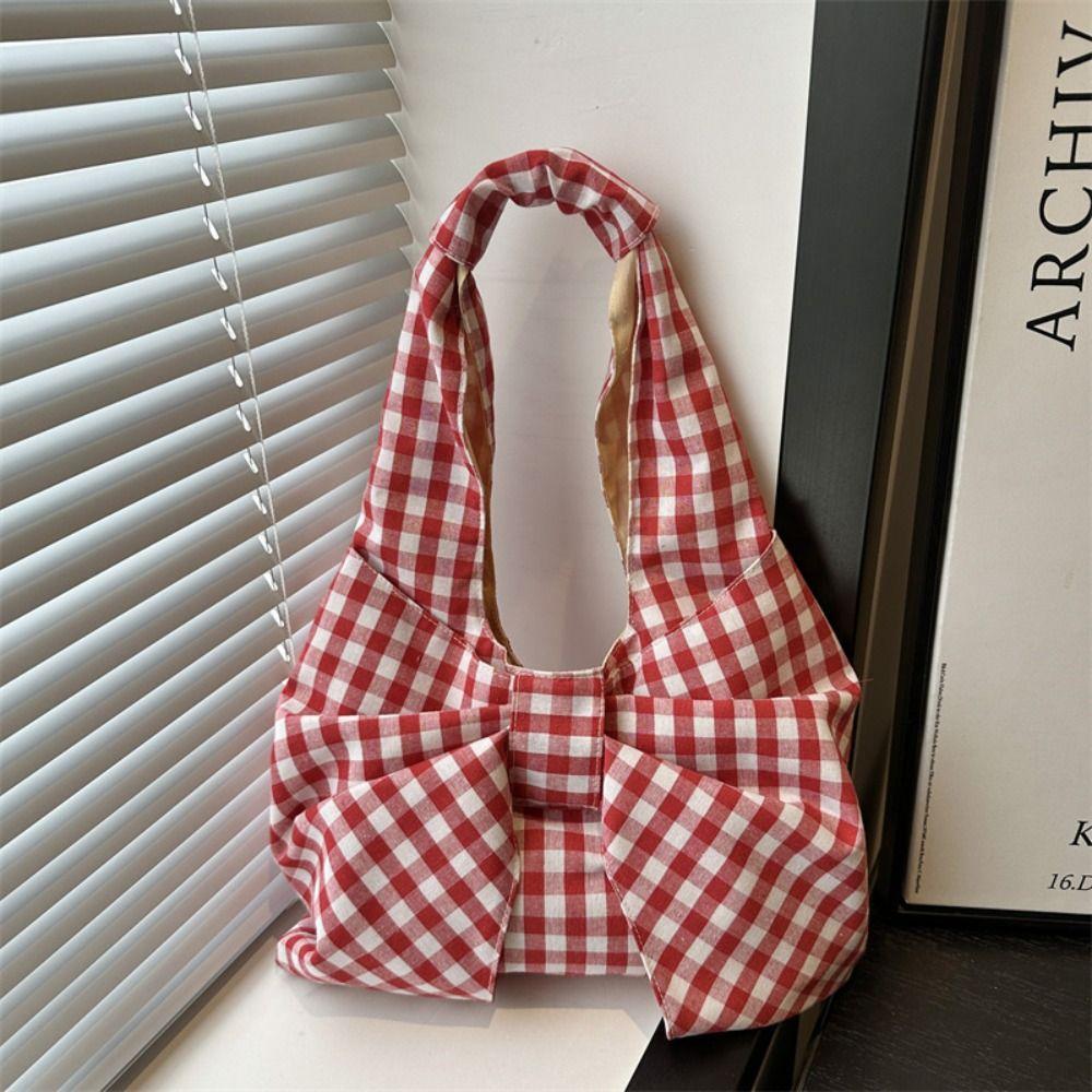 Bowknot Bow Shoulder Bag Large Capacity Plaid Tote Bag Simple Handbag Travel