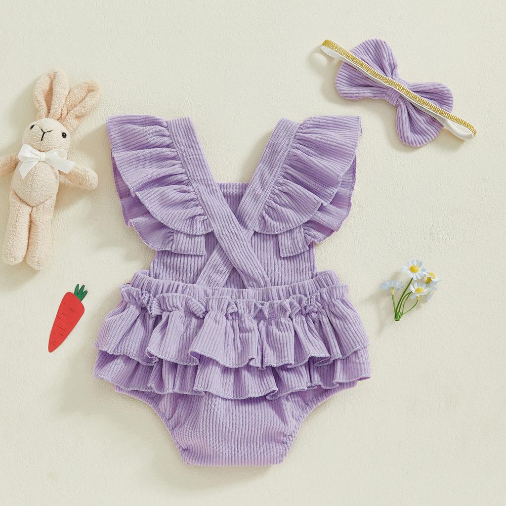 Baby Girl Easter Romper Bunny Embropidery Flying Sleeves Square Neck Bodysuit with Bow Headband
