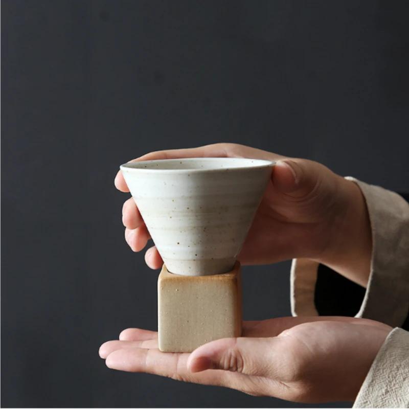 1pc 3.38oz Retro Conical Tea Cup with Base Coarse Pottery Coffee Cup Japanese Style Water Bottle for Home Office Drinkware Gifts