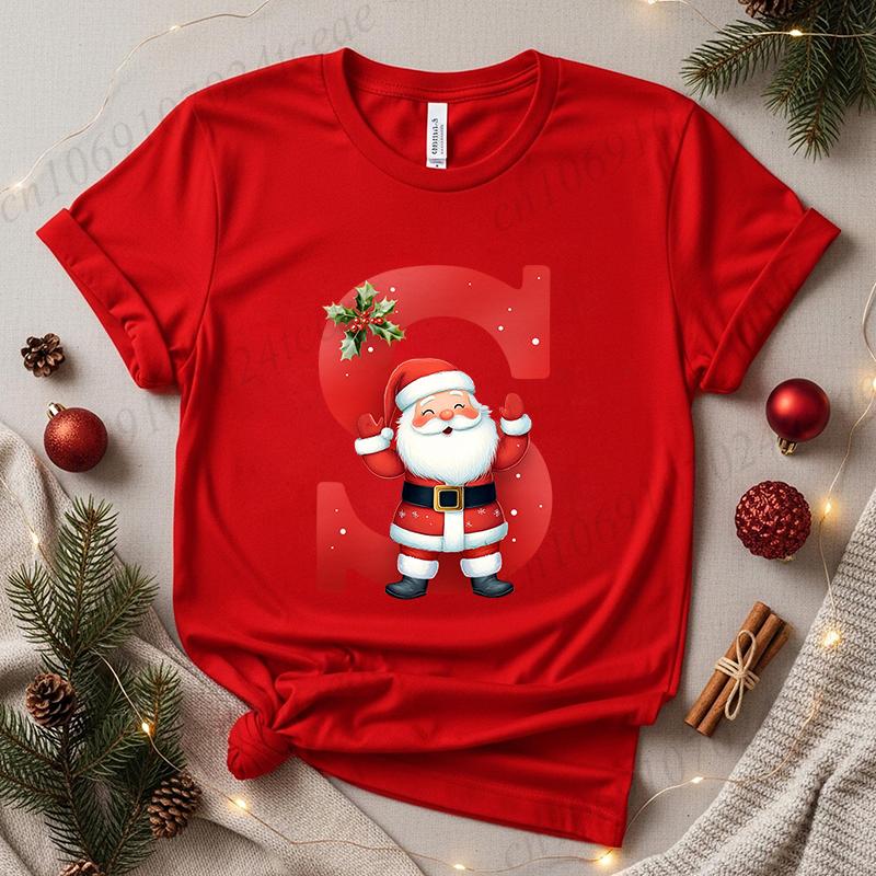 Christmas SantaAlphabet Letter Print T-shirt Short Sleeve Crew Neck Casual Top Kids Festive Holiday Women's Clothing Top