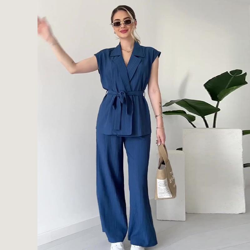 2024 Summer Women's Solid Color Lapel Waist-Tie Top & Commuting Long Pants Set