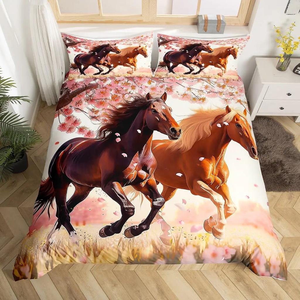 Cherry Blossom Horse Comforter Cover Twin for Kids Boys, Wild Animal Bedding Set Galloping Horse Duvet Cover with 2 Pillowcase