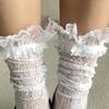 Japanese Fishnet Over the Calf Long Socks for Women Girls Sweet Hollowed Out Flower Mesh Ruffle Lace Trim Knee Stockings