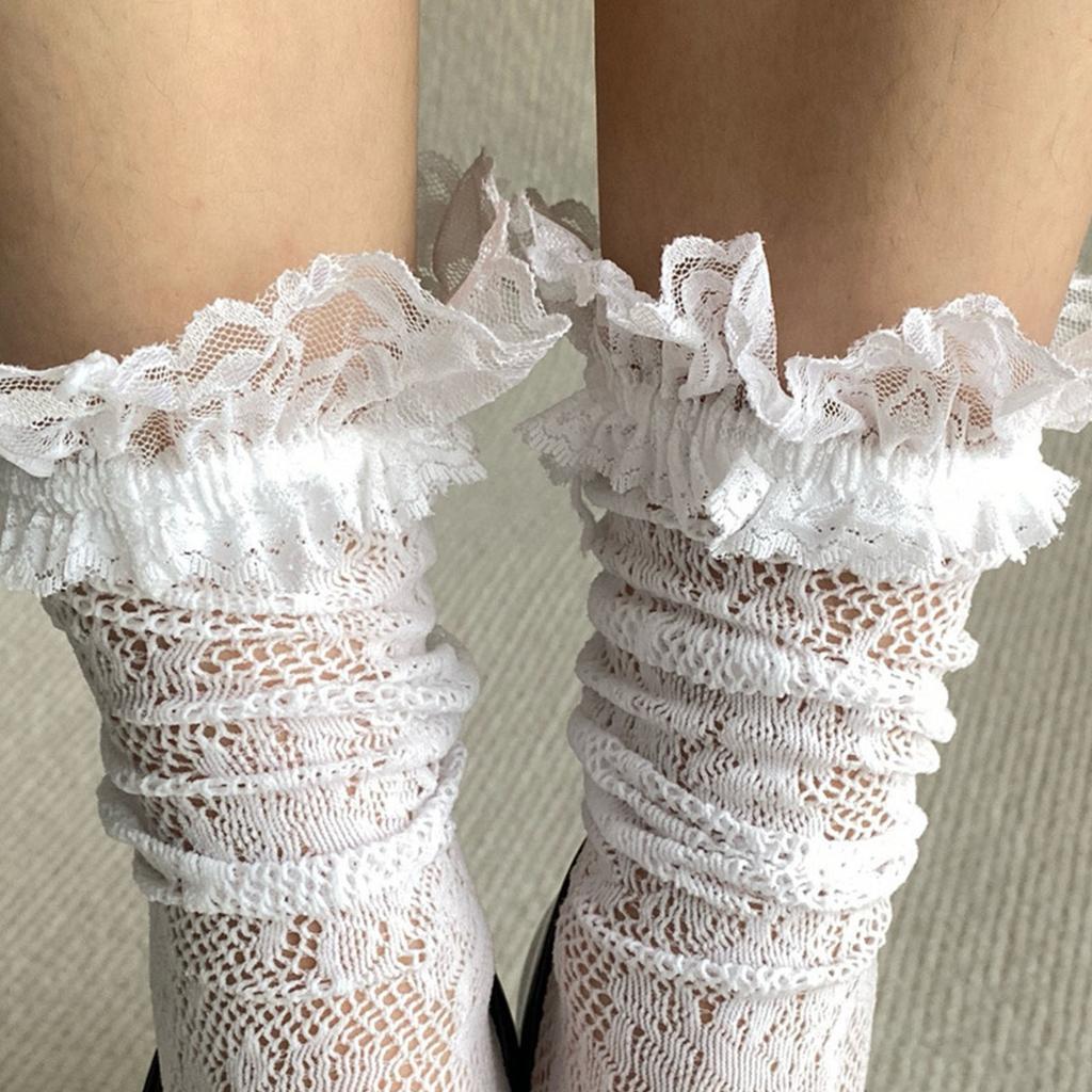 Japanese Fishnet Over the Calf Long Socks for Women Girls Sweet Hollowed Out Flower Mesh Ruffle Lace Trim Knee Stockings