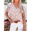 Women V Neck Printed Short Sleeve Loose Casual Pullover Blouse Top