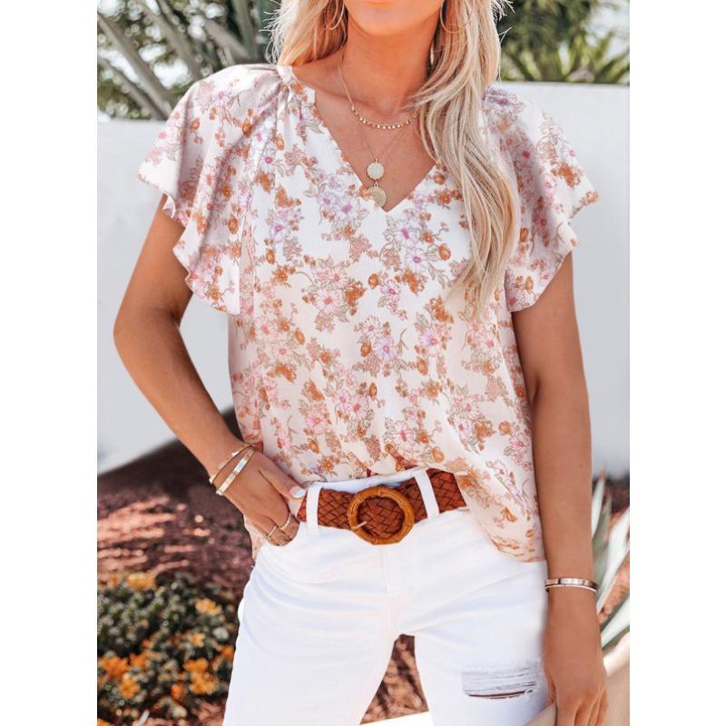 Women V Neck Printed Short Sleeve Loose Casual Pullover Blouse Top