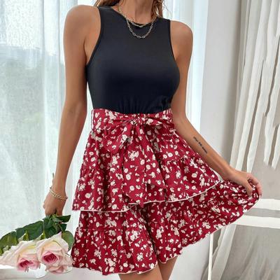 Vestido feminino sem mangas flor impressão em torno do pescoço fino ajuste a linha namoro bainha solta cintura alta feminino mini vestido