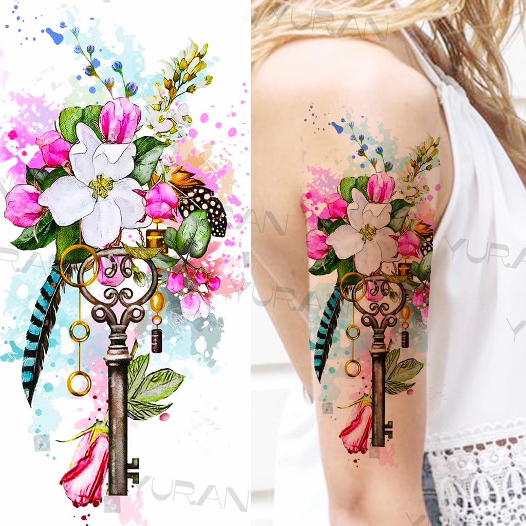 Large Colorful Rose Flower Temporary Tattoos For Girls Women Anchor Fake Gemstone Pendant Tattoo Paste Arm Body Tatoos Creative