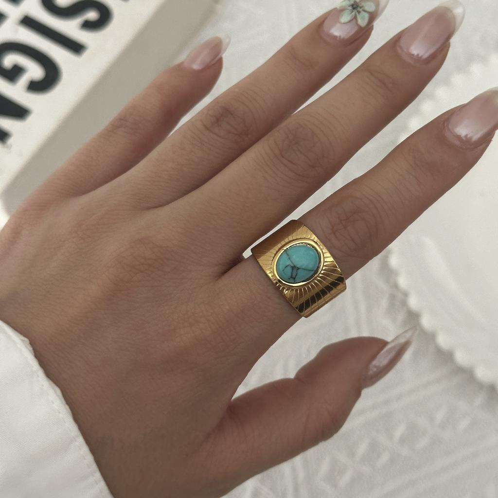 Stainless Steel Open Ring For Women Vintage Ethnic Style Natural Stone Enamel Evil Eye Finger Ring Party Wedding Banquet Jewelry