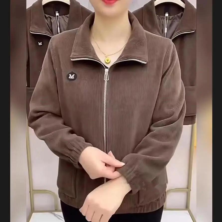 2025 Spring/Autumn Women's Plus Size Corduroy Jacket: Long Sleeve, Loose Fit, Zipper, Solid Color Cardigan